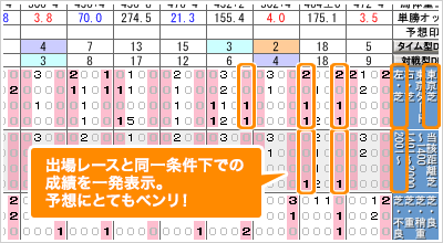 出走レースと同じ条件での戦績が一目でわかる