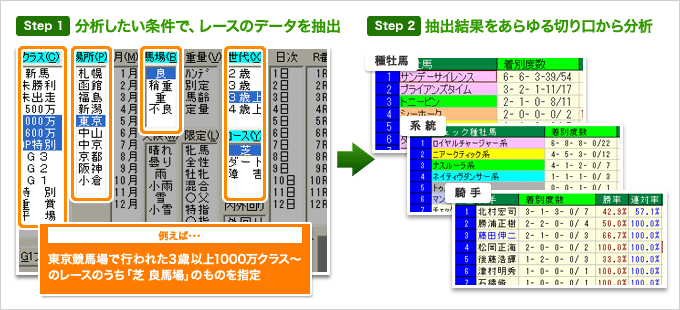 [Step1]���͂����������ŁA���[�X�̃f�[�^�𒊏o  [Step2]���o���ʂ�������؂�����番��